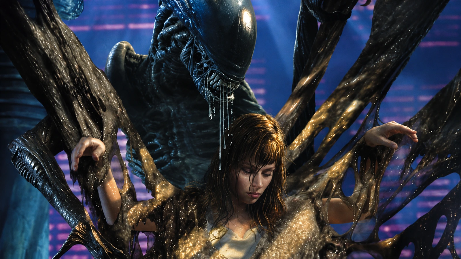 An adult Xenomorph behind a human figure, from the Aliens: No Exit cover