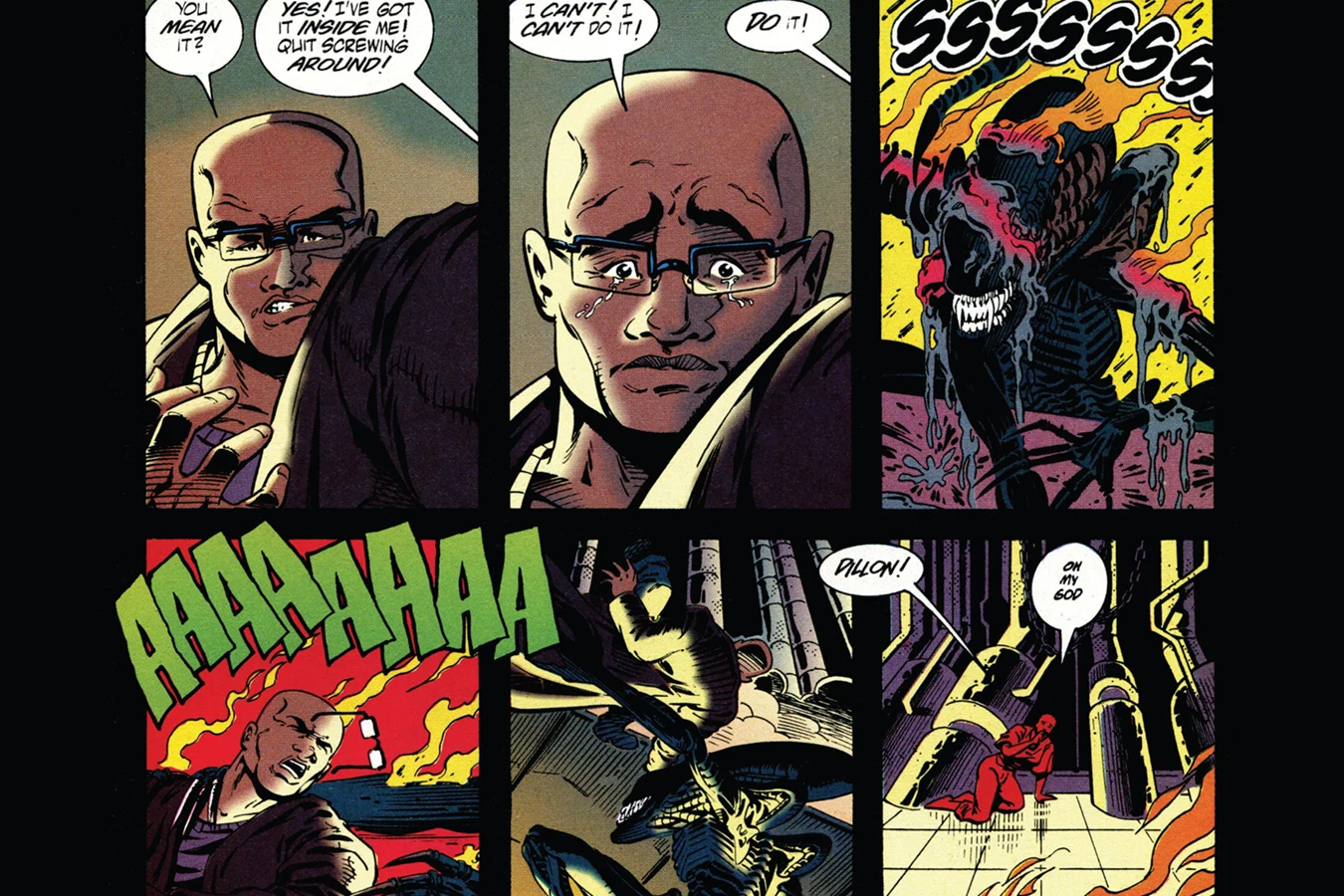 Dillon in the Dark Horse Alien 3 comic as the Dragon pulls him into the molten lead