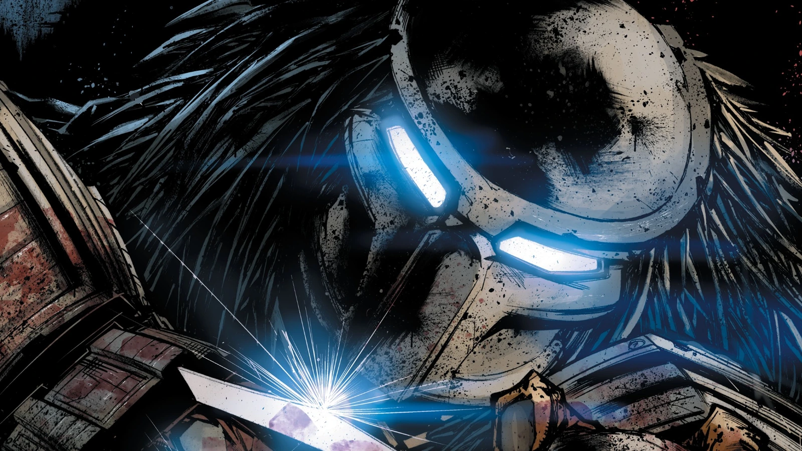 The Djinn Predator's blue-eyed mask and wristblade glowing in the dark in Predator: Hunters II