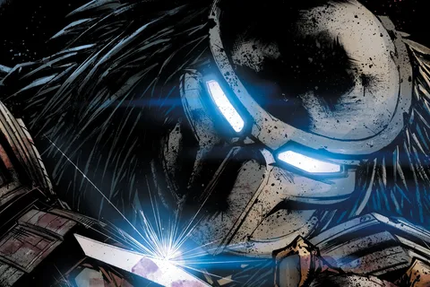 The Djinn Predator's blue-eyed mask and wristblade glowing in the dark in Predator: Hunters II