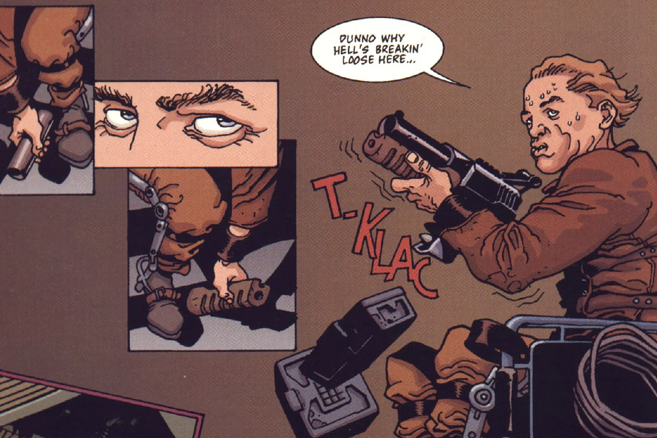 Vriess assembling a gun from his wheelchair in the Dark Horse Alien Resurrection comic