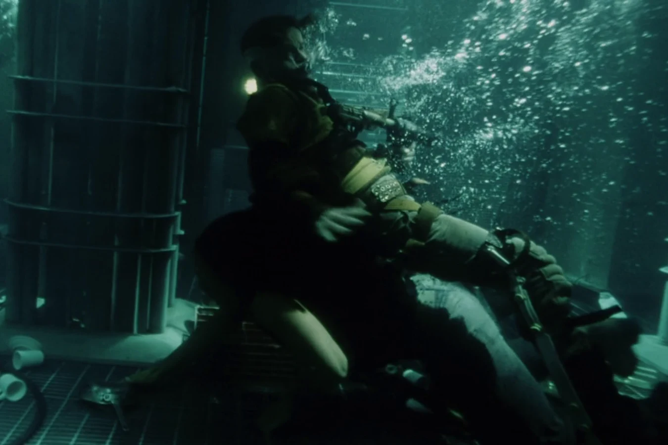 The Betty survivors swimming underwater through the flooded Auriga kitchen with their guns