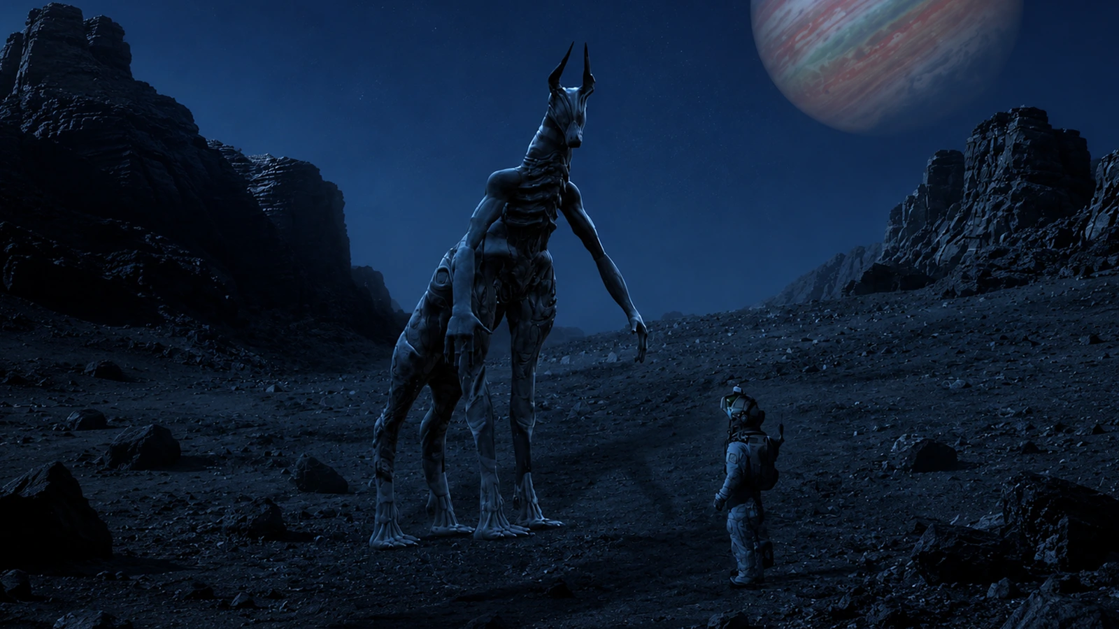 A towering Drukathi facing a human astronaut on a rocky alien world