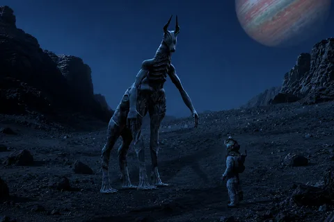 A towering Drukathi facing a human astronaut on a rocky alien world