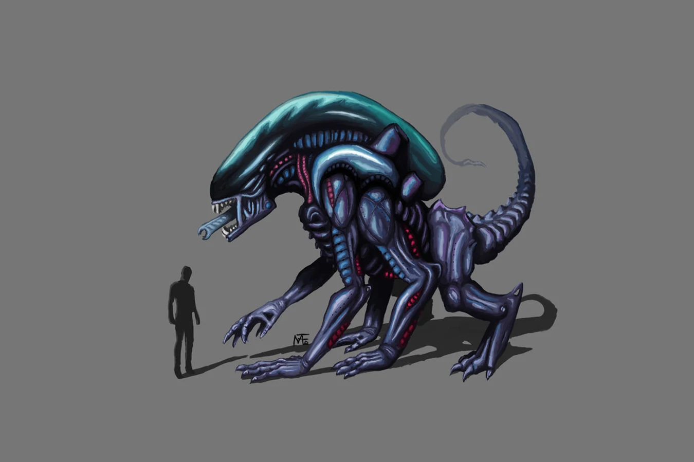 Fan art of a Drukathi Xenomorph by Misterkarbunar, showing a massive hexapedal Alien with a human silhouette for scale