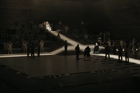 A formal audience in a vast Imperial hall with a kneeling figure before a throne