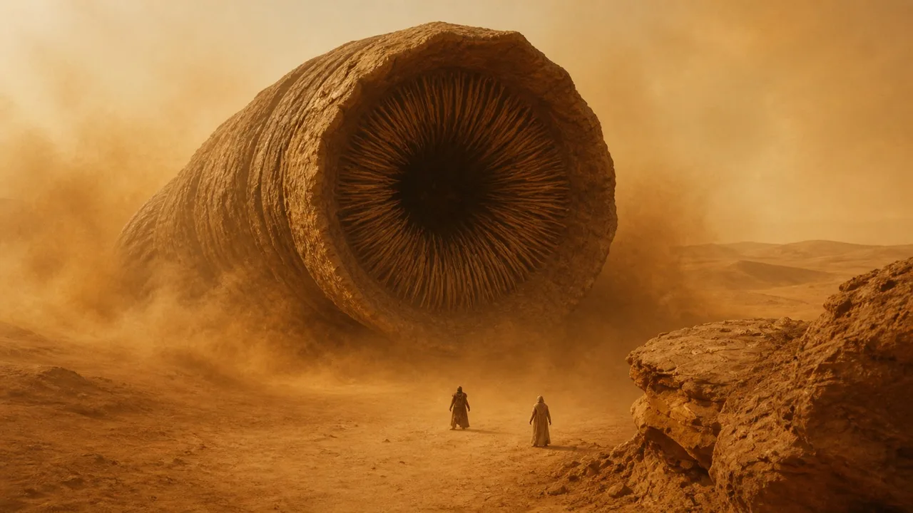 A sandworm emerging from the desert sands of Arrakis