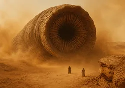 A sandworm emerging from the desert sands of Arrakis