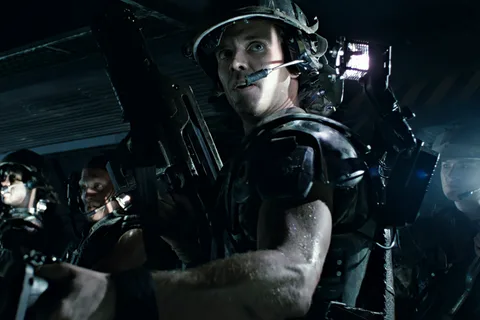 Corporal Dwayne Hicks with Colonial Marines aboard the dropship in Aliens
