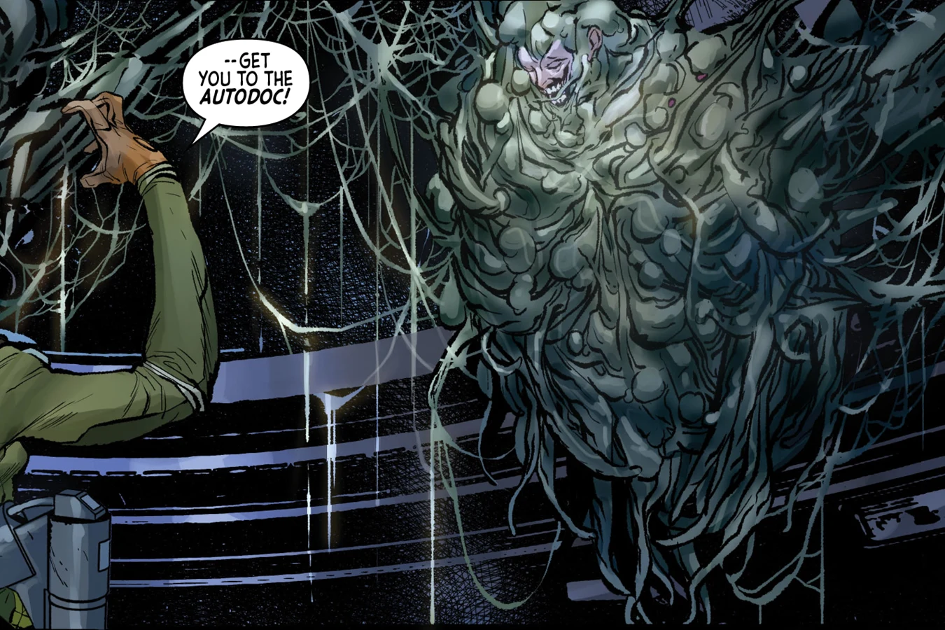 Captain Standard cocooned in a fleshy green mass in Alien: The Original Screenplay