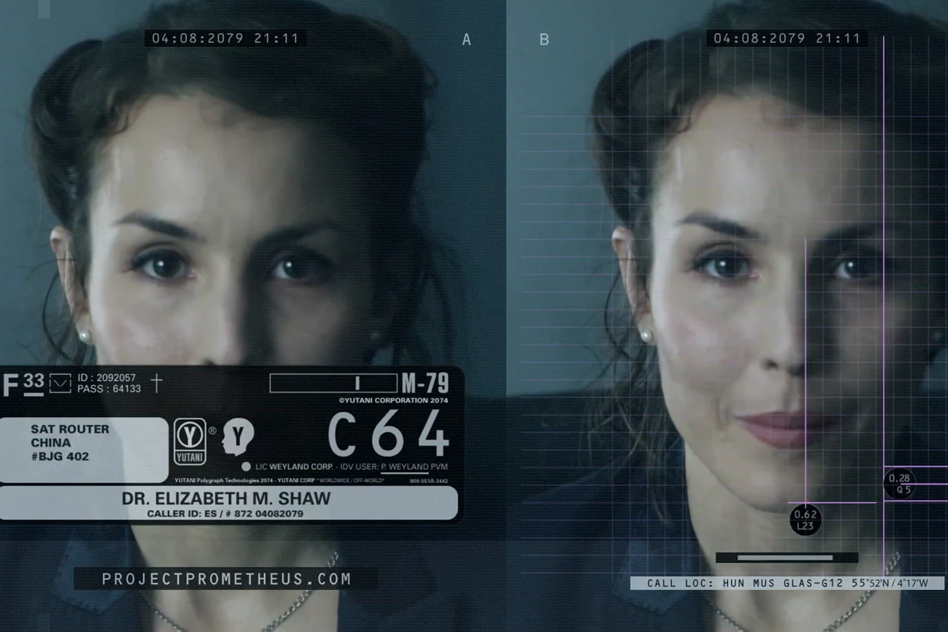 Dr. Elizabeth M. Shaw on a video call to Peter Weyland, with a Project Prometheus ID overlay