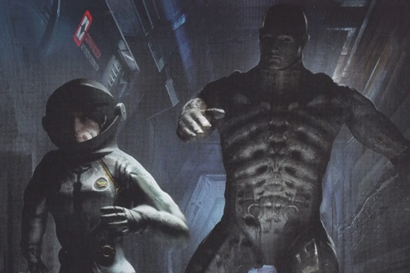 Concept art of Shaw in a pressure suit beside a towering Engineer in a corridor