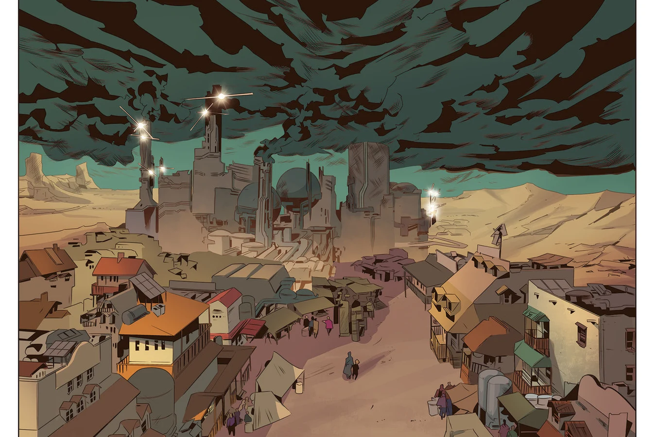 The smoky desert town of Fracktown under dark clouds, with a truck on the dusty road leading in, in Blade Runner: Black Lotus #1