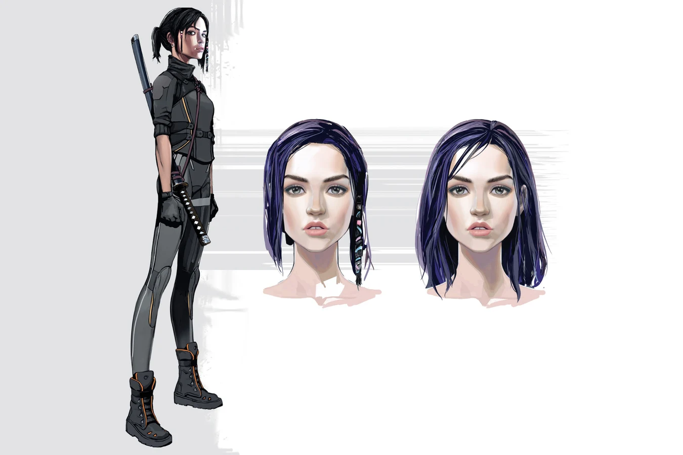 Concept art of Elle in her dark bodysuit with a katana beside two head studies of her face, from The Art of Blade Runner: Black Lotus