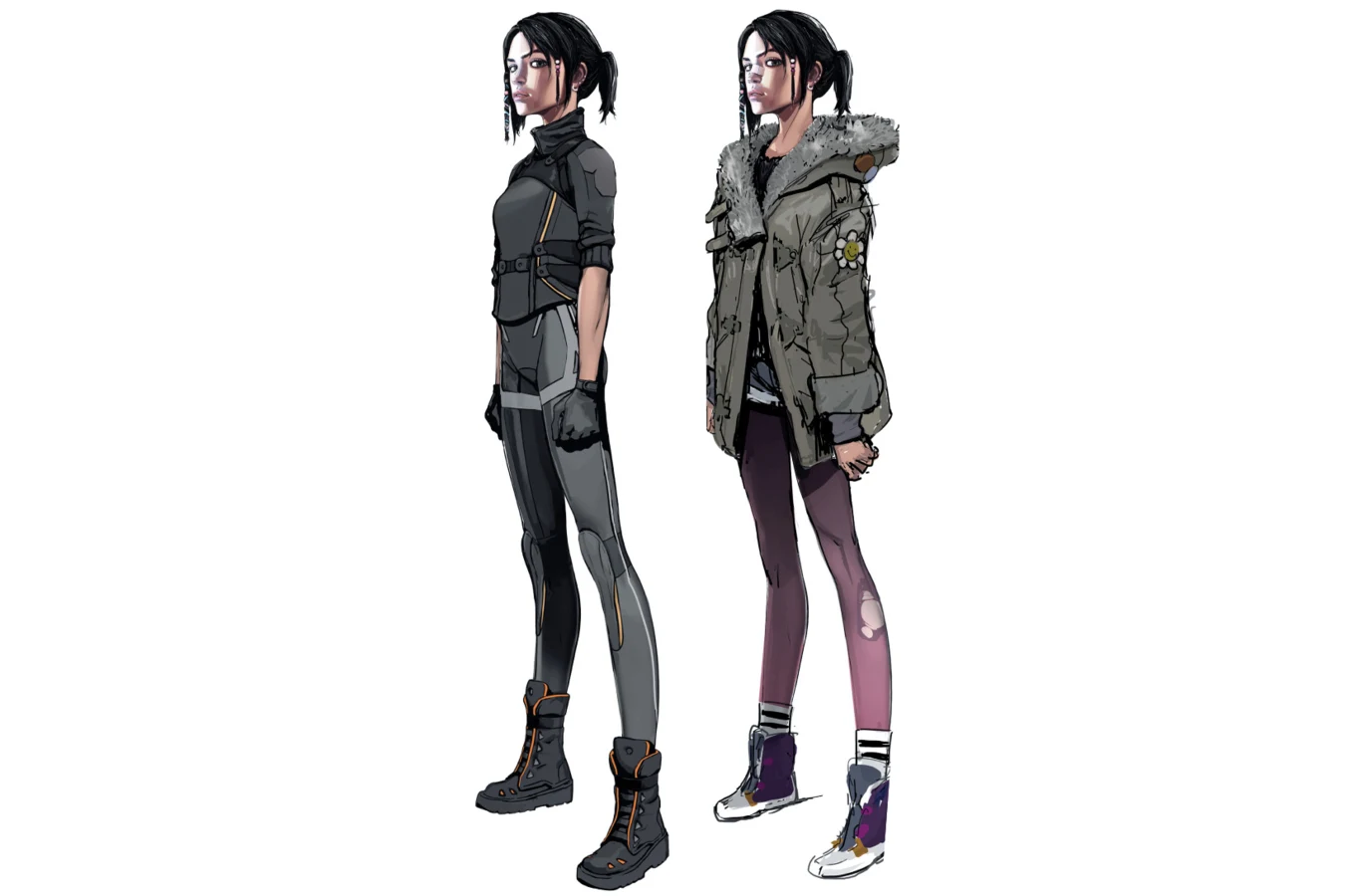 Concept art of Elle's final design, with braids at her temples, in a dark bodysuit and in her grey fur-hooded parka, from The Art of Blade Runner: Black Lotus