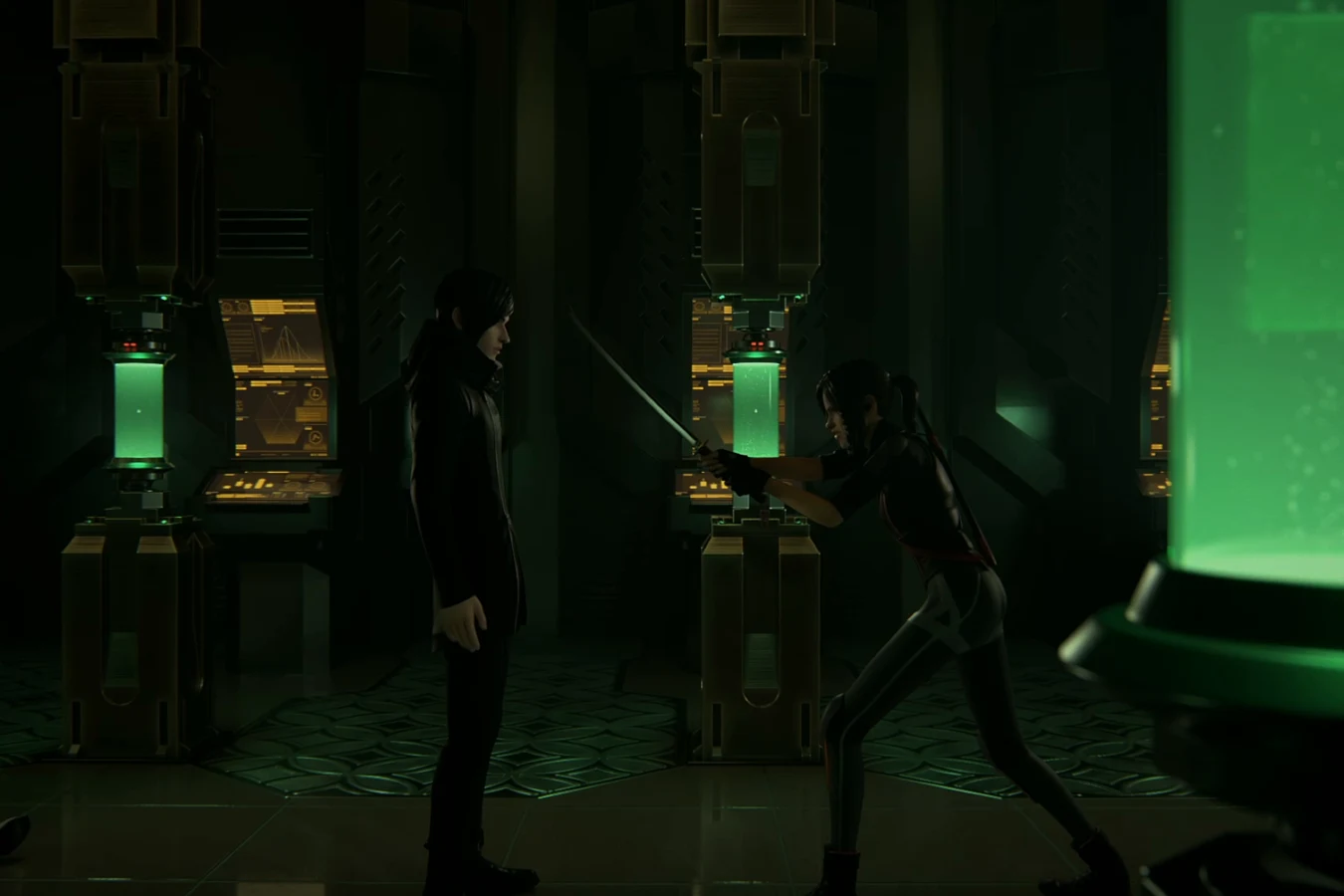Elle advancing with her sword through the green-lit replicant production hall in the final episode of Blade Runner: Black Lotus
