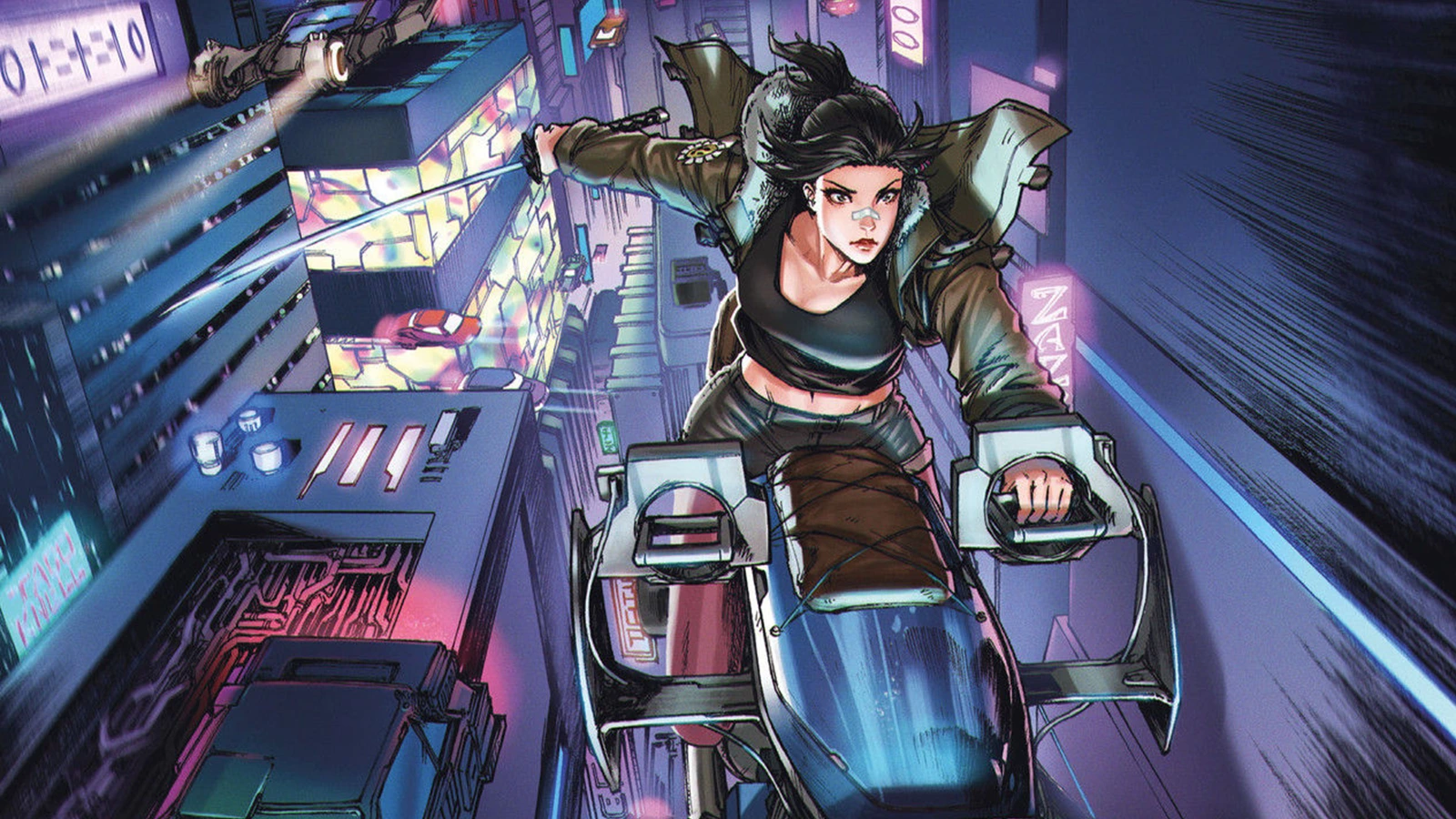 Elle in her fur-collared jacket riding her spinner bike between neon skyscrapers with her sword drawn in the Blade Runner: Black Lotus comics
