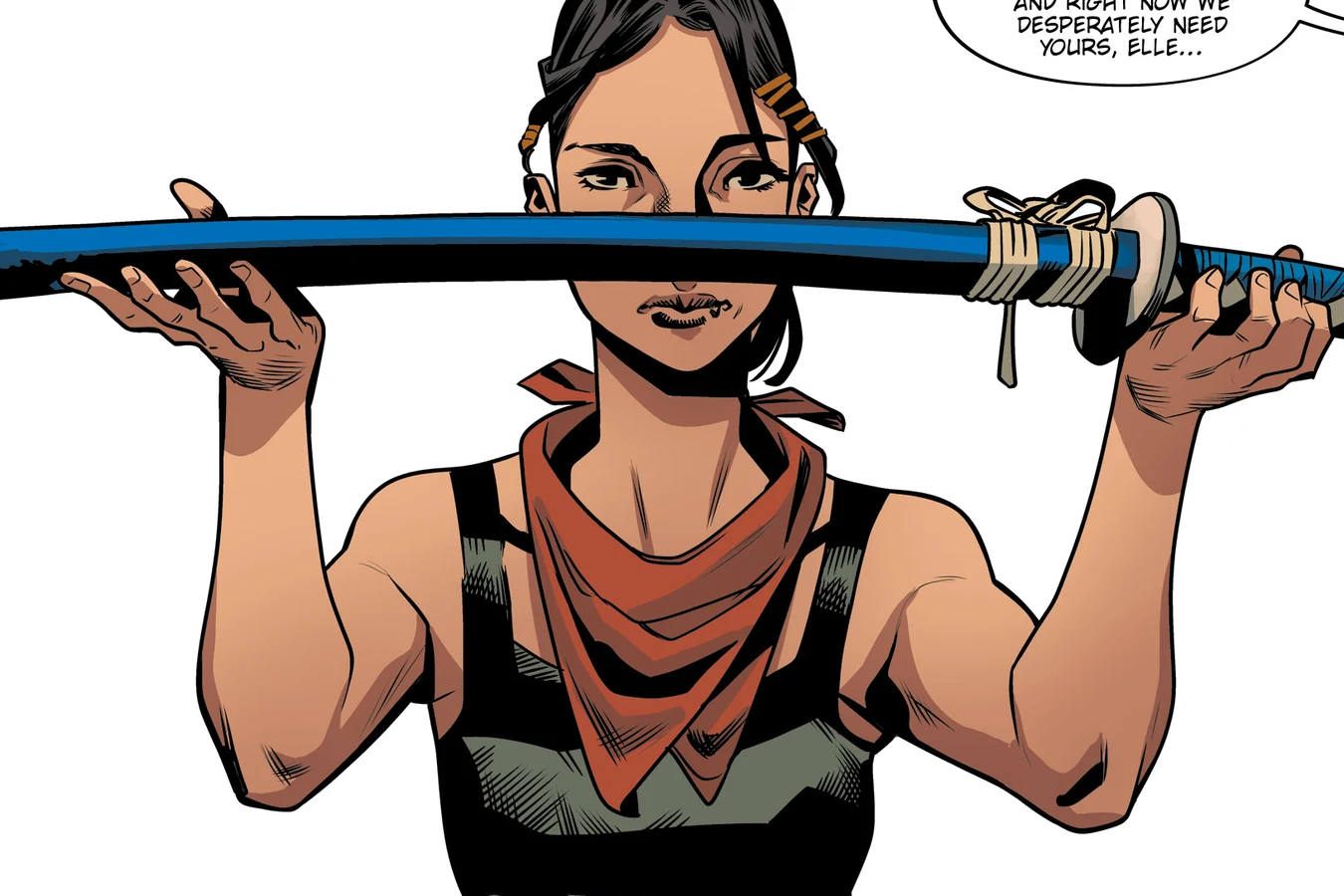Elle holding the heirloom katana level before her face, a red scarf at her neck, in Blade Runner: Black Lotus #2