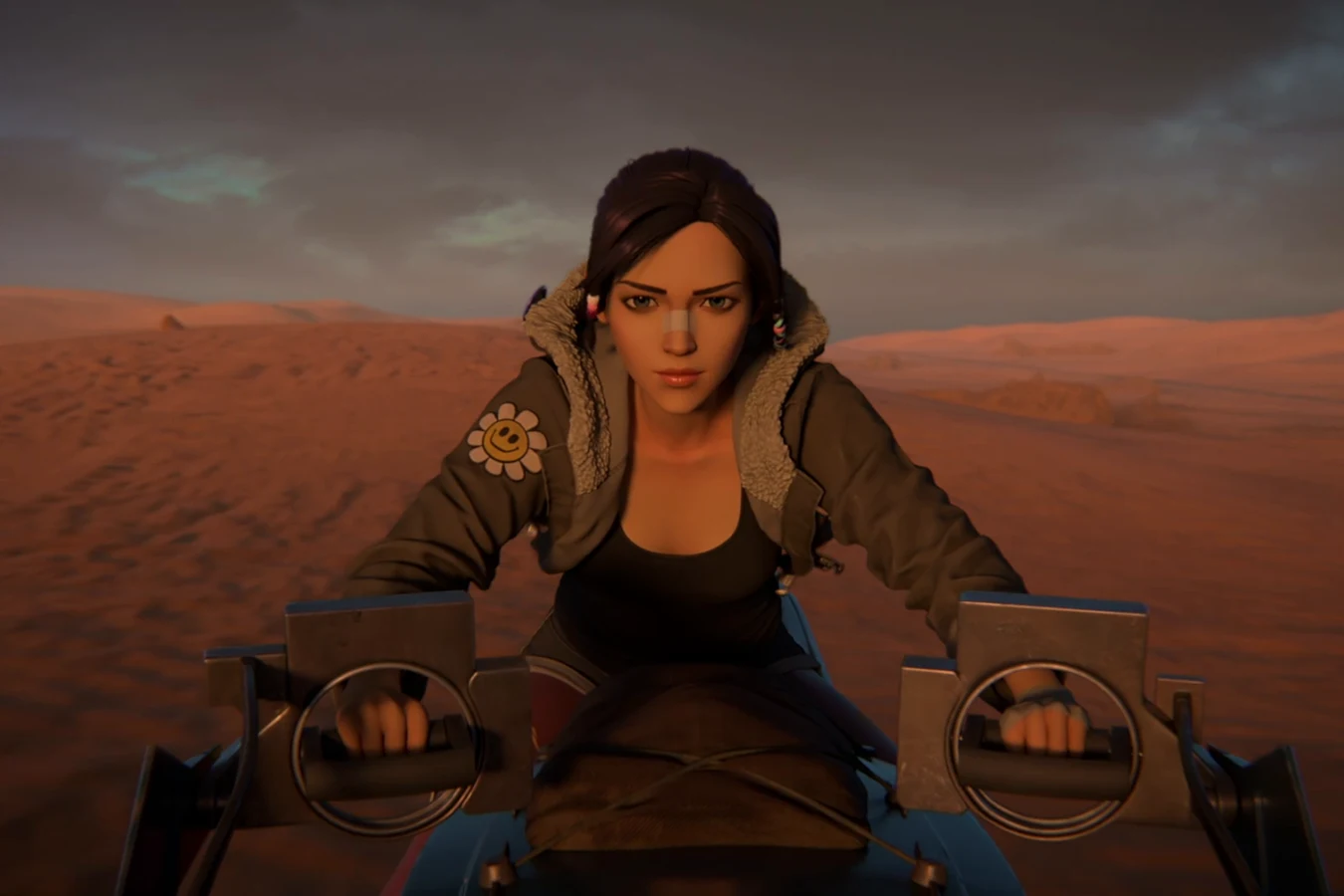 Elle riding Joseph's flying motorbike across the red desert at dusk after leaving Los Angeles in the final episode of Blade Runner: Black Lotus