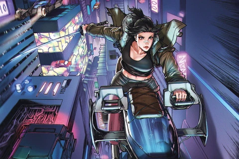 Elle riding her spinner bike between neon skyscrapers with her sword drawn in the Blade Runner: Black Lotus comics