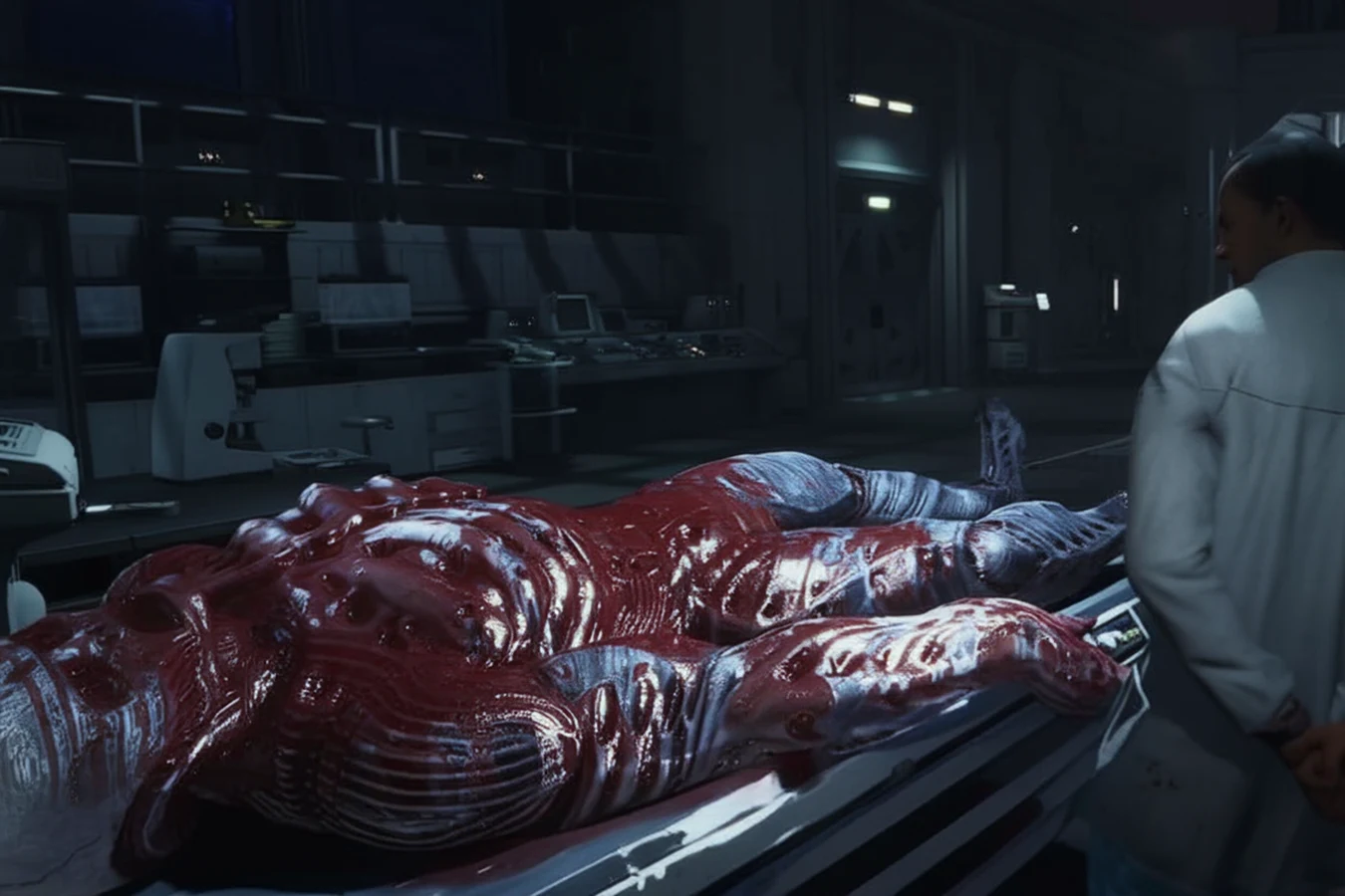 Dr. Pearce standing over a human-Engineer hybrid on a lab table in Aliens: Fireteam Elite 2