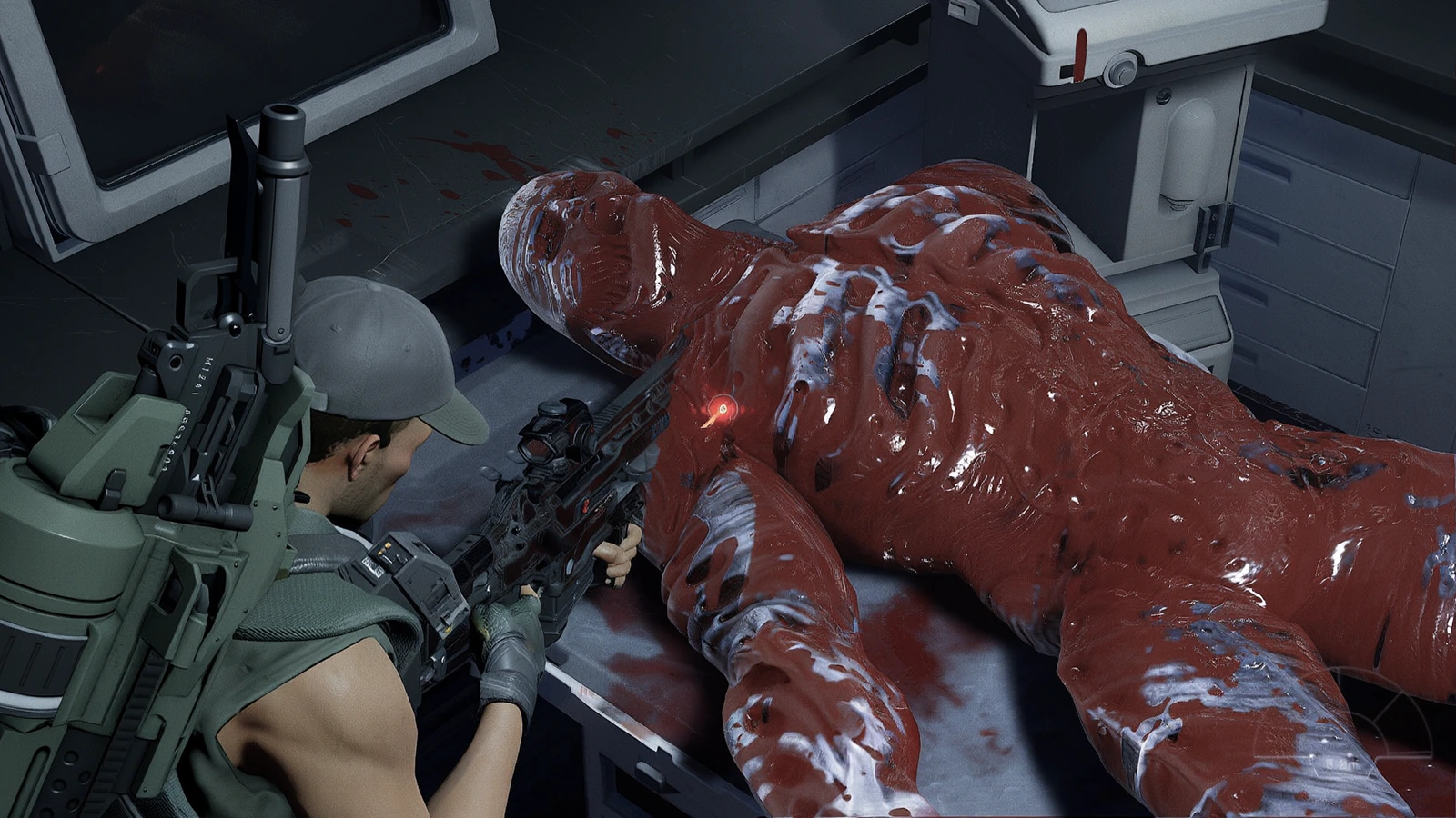 A Colonial Marine aiming at an Engineer hybrid on a lab table in Aliens: Fireteam Elite 2