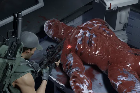 A Colonial Marine aiming at an Engineer hybrid on a lab table in Aliens: Fireteam Elite 2