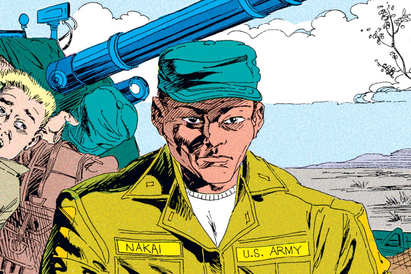 Enoch Nakai and Private Dietl ride a tracked anti-aircraft gun across the plains near Cole Army Base in Predator: Big Game