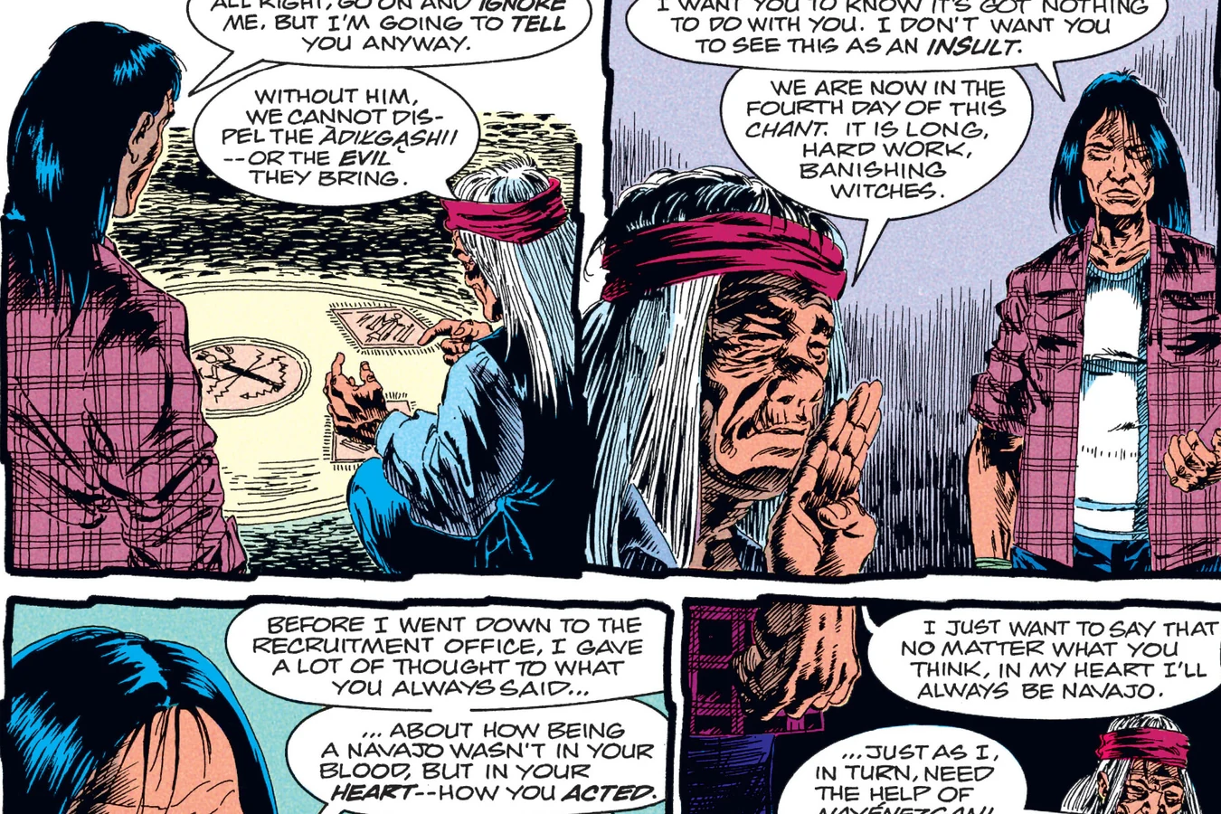 Enoch Nakai tells his grandfather in the hogan that he will always be Navajo in his heart in Predator: Big Game