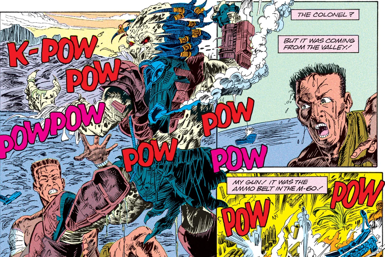 The Big Game Predator is struck by gunfire as it stands over Enoch Nakai on the lava in Predator: Big Game