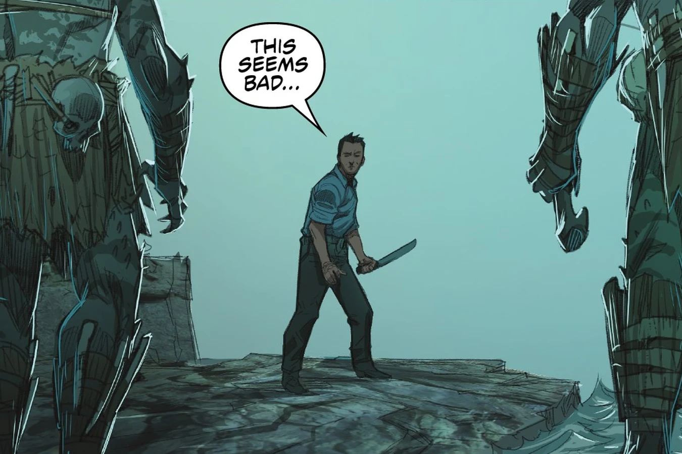 Two Exiles corner Enoch Nakai with his machete on a rocky ledge on Kehua in Predator: Hunters