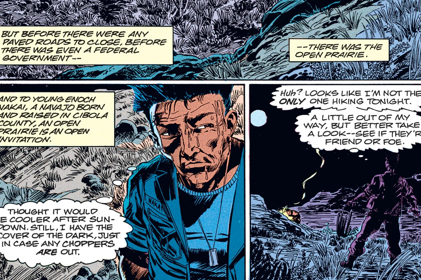 Enoch Nakai sets out on foot across the open prairie at night in Predator: Big Game
