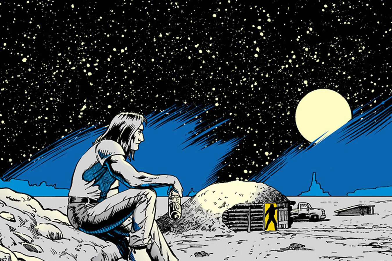 Enoch Nakai drinks on a rock beneath the full moon outside his grandfather's hogan in Predator: Blood on Two-Witch Mesa