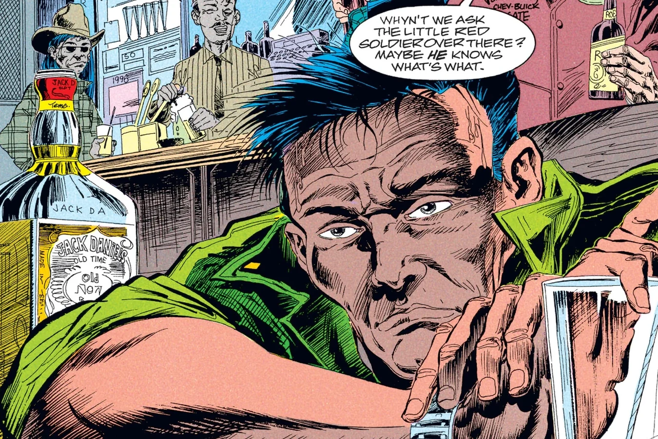 Enoch Nakai slumps drunk at the bar of Ben's Saloon with a bottle of whiskey in Predator: Big Game