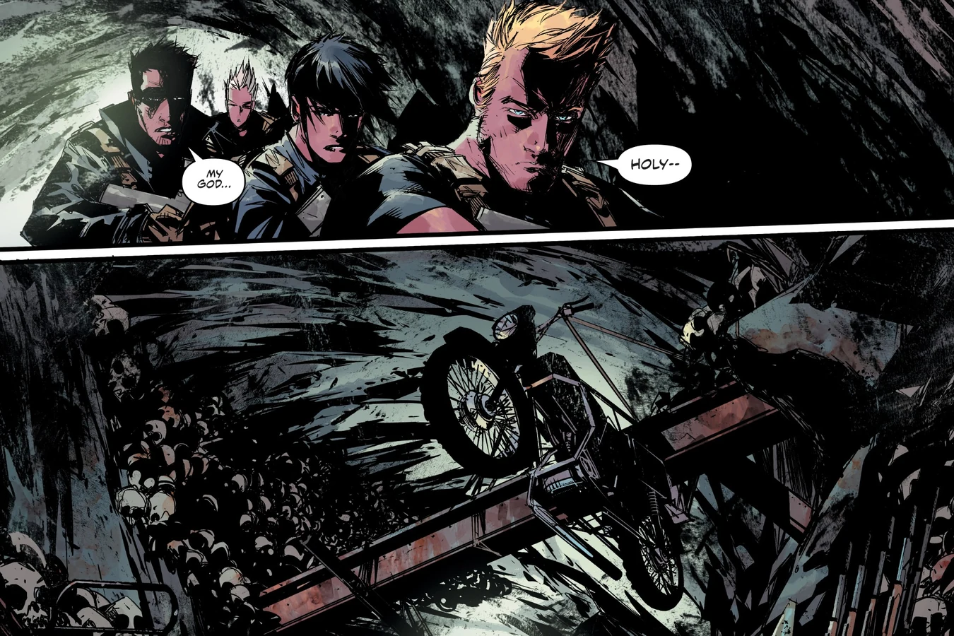 Enoch Nakai and the hunters enter the Djinn Predator's cave of skulls and wrecked vehicles in Predator: Hunters II
