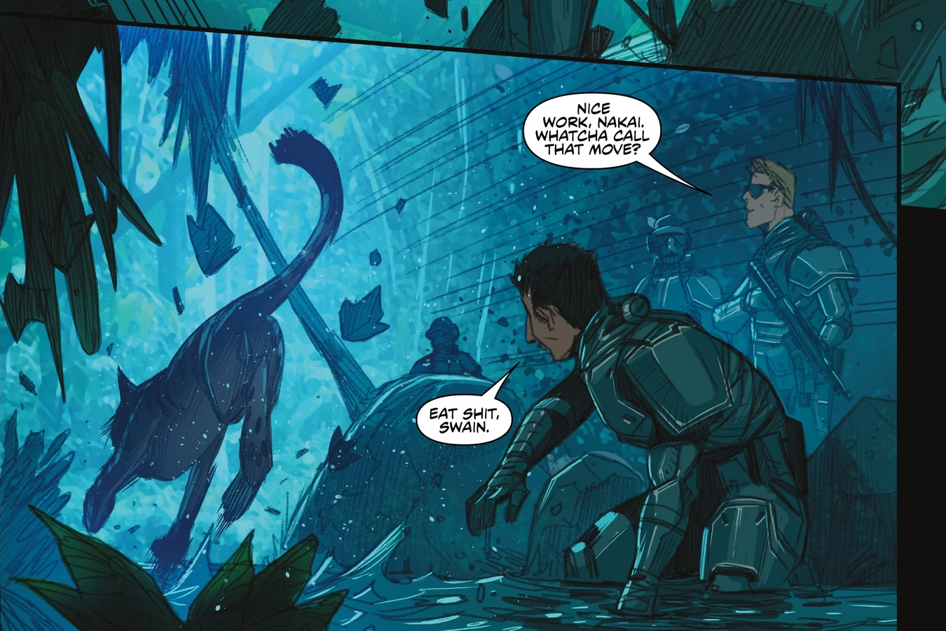 Enoch Nakai fights off a tiger in a jungle creek on Kehua as Tyler Swain looks on in Predator: Hunters
