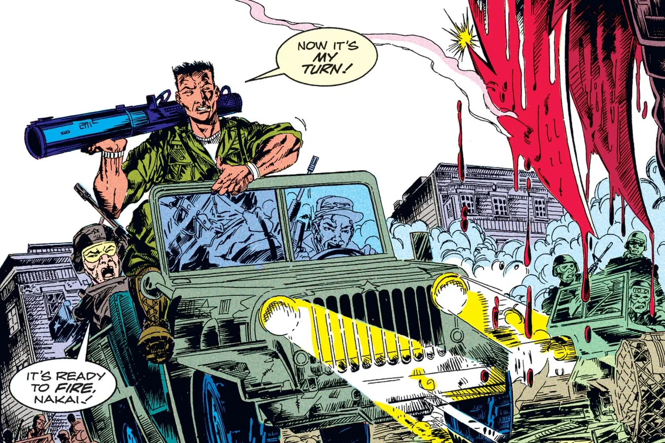 Enoch Nakai fires a bazooka from the back of an army jeep in the streets of Agate in Predator: Big Game