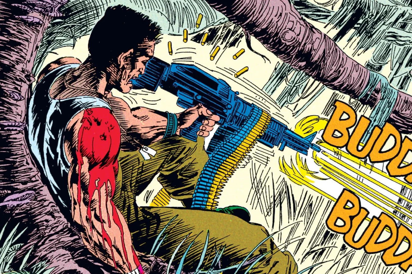 Enoch Nakai fires his M60 machine gun with a bloodied arm in the jungle of the lava island in Predator: Big Game