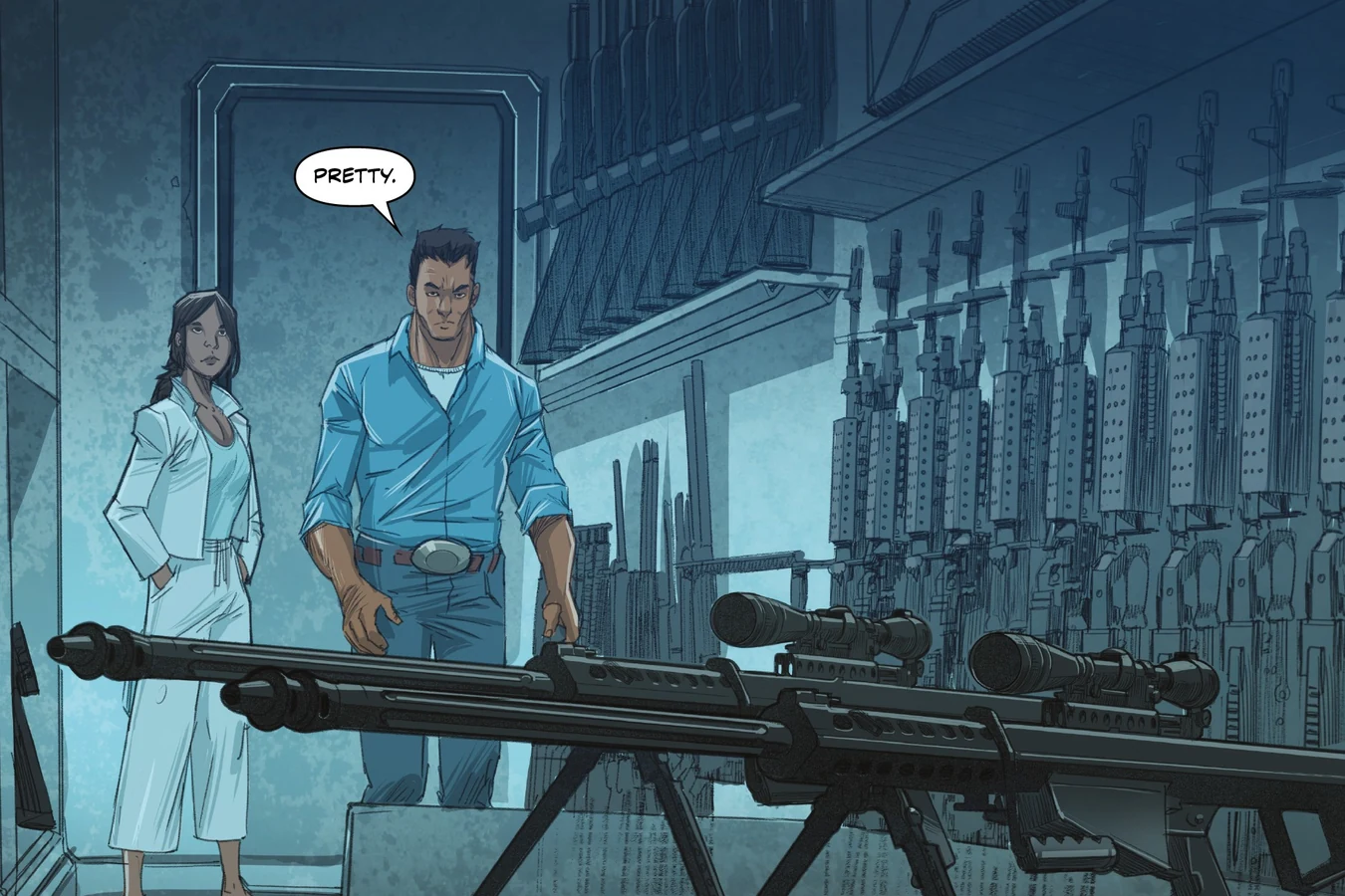 Jaya Soames shows Enoch Nakai the armory aboard the Durga in Predator: Hunters