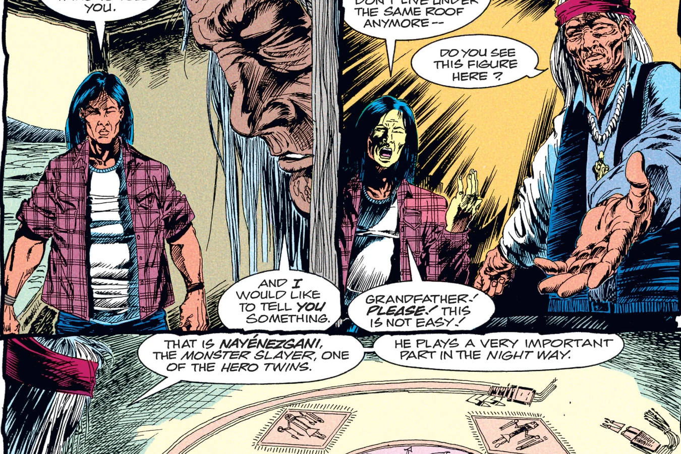 Enoch Nakai's grandfather shows him Nayenezgani, the Monster Slayer, in a sand painting inside the hogan in Predator: Big Game