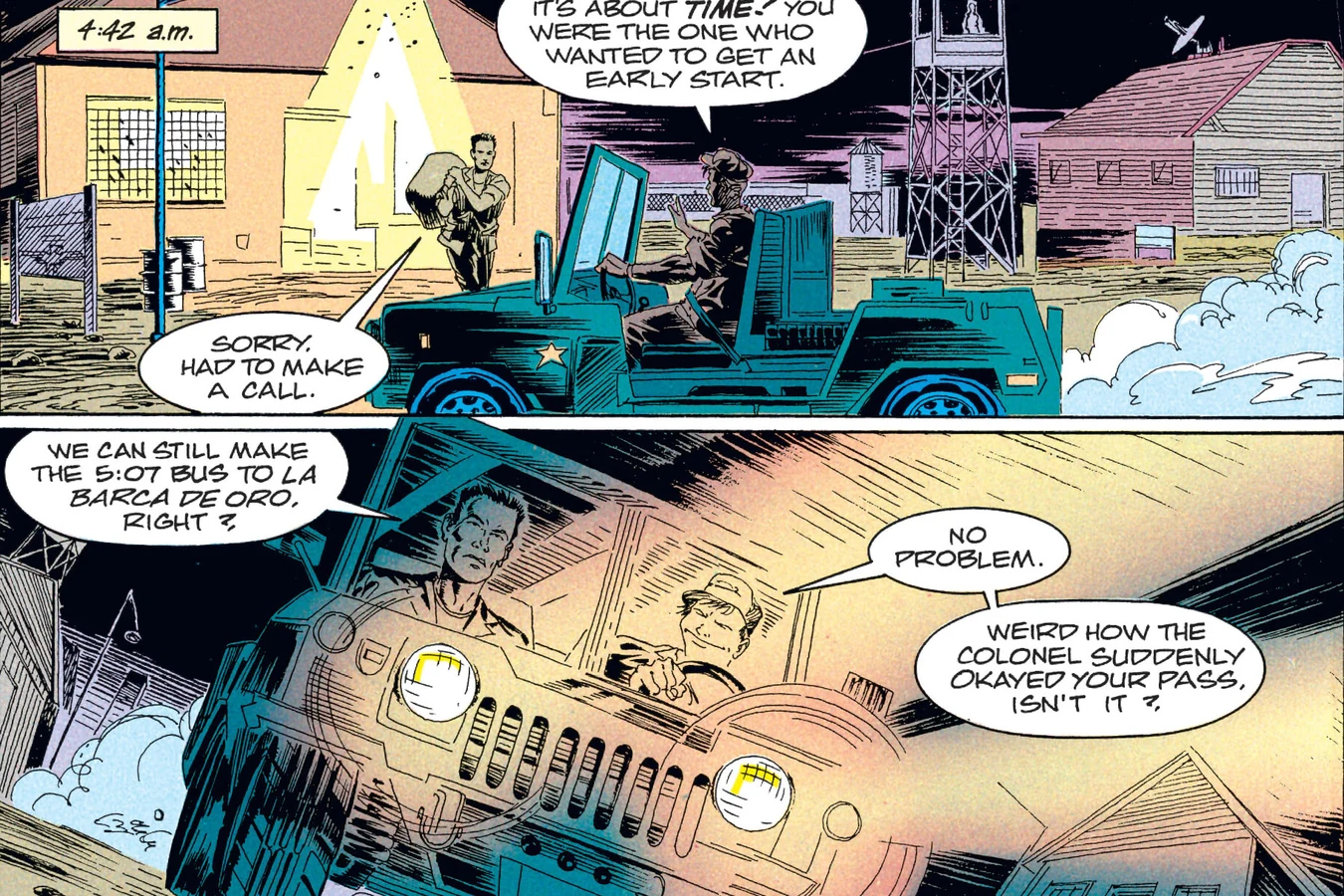 Enoch Nakai climbs into the jeep that drives him away from Cole Army Base before dawn in Predator: Big Game