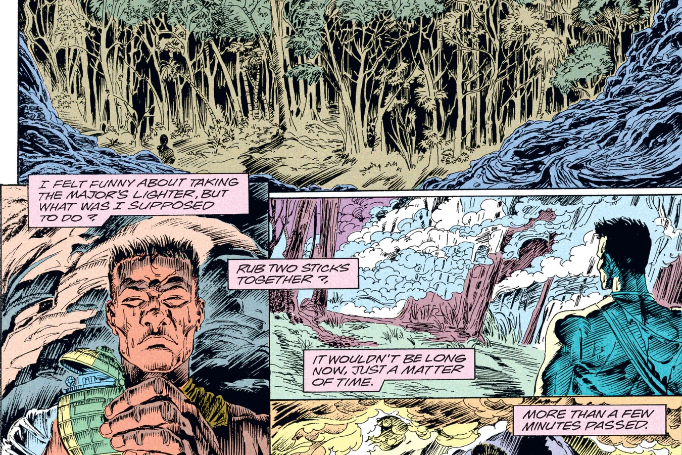 Enoch Nakai holds Major Amblin's lighter as he sets the jungle island on fire in Predator: Big Game