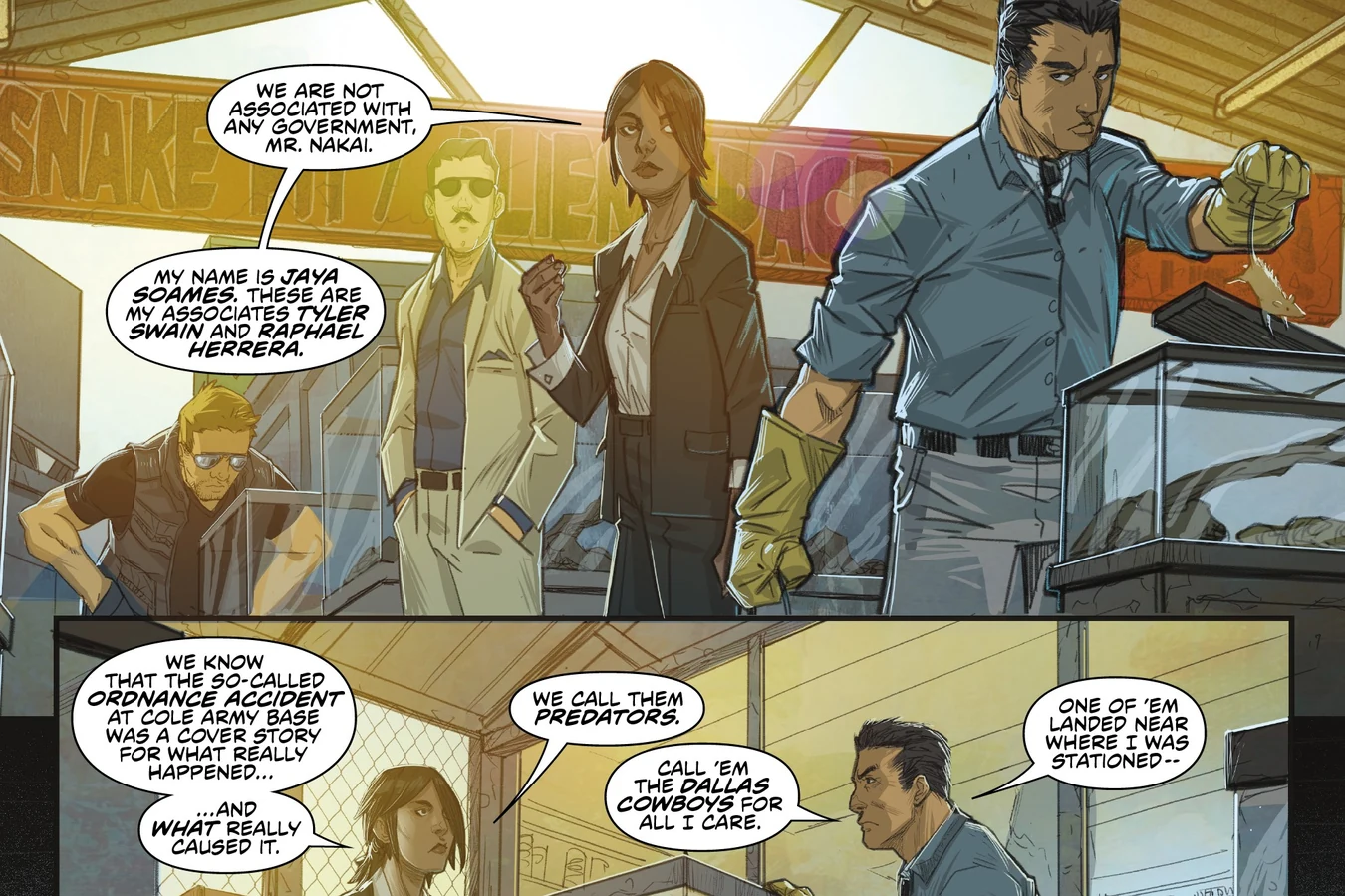 Enoch Nakai meets Jaya Soames, Tyler Swain and Raphael Herrera at the Snake Pit gas station in Predator: Hunters