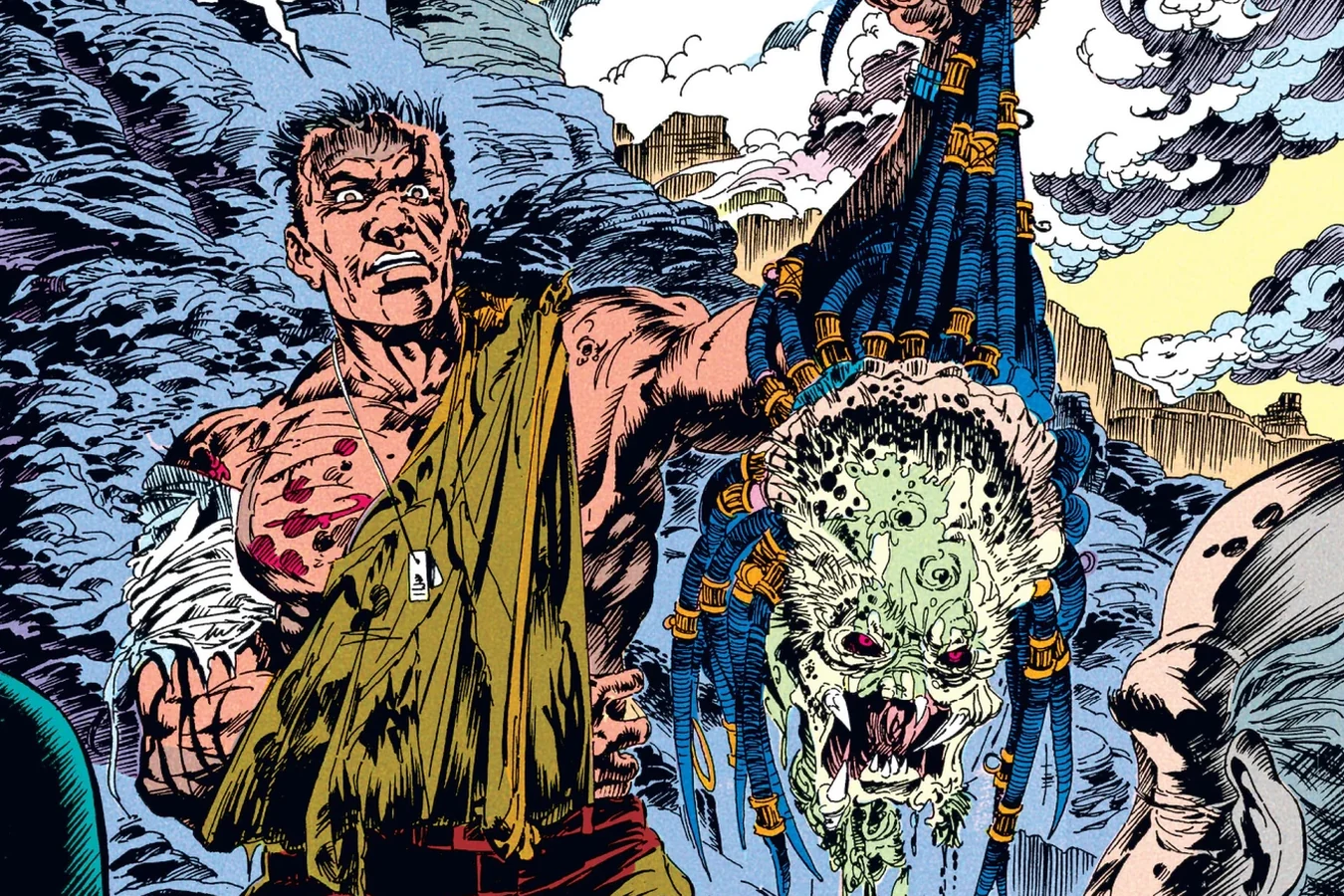 Enoch Nakai holds up the Predator's severed head by its dreadlocks in front of Colonel Trench in Predator: Big Game