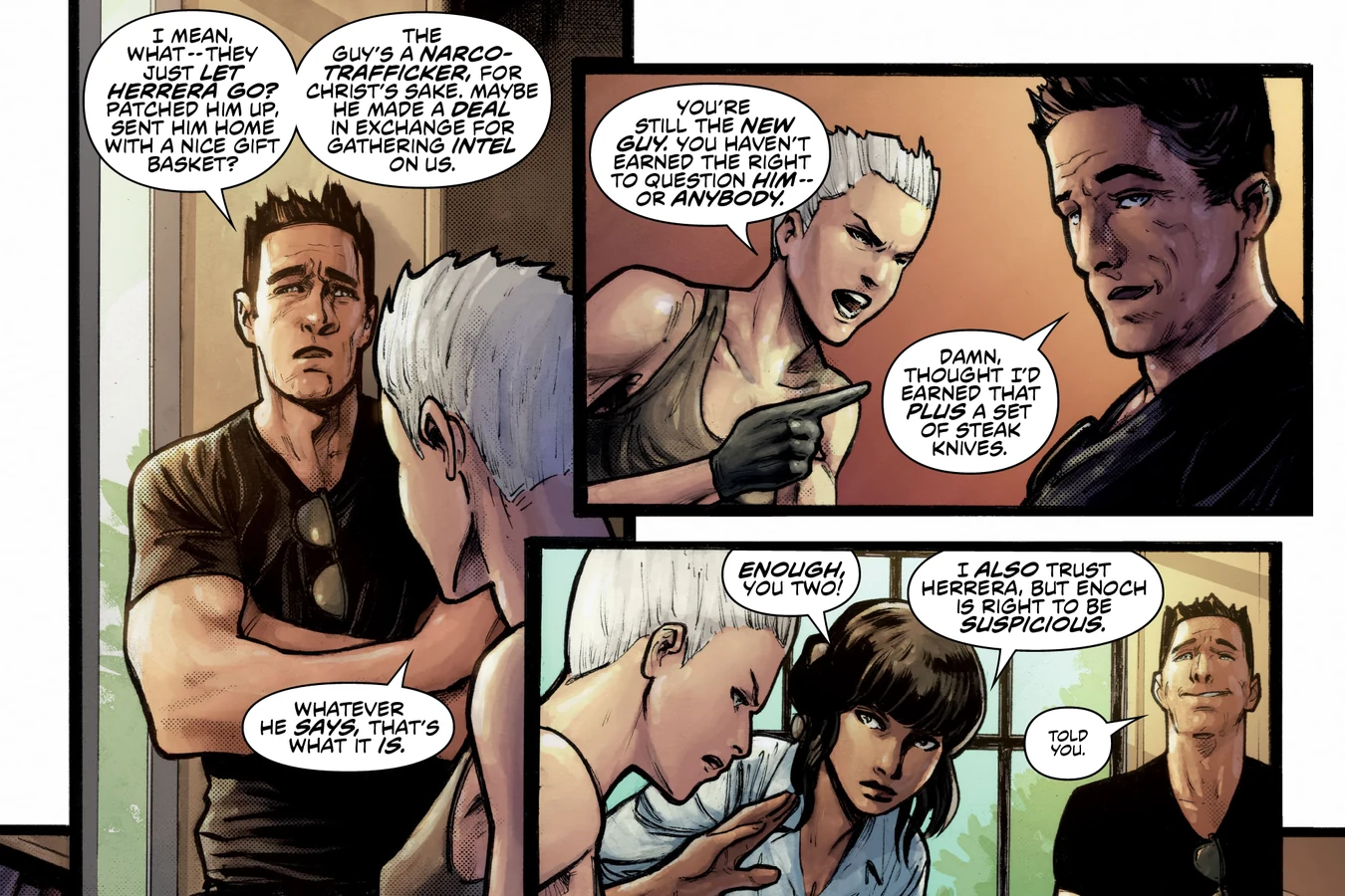 Enoch Nakai questions Raphael Herrera's return as Mandy Graves and Jaya Soames argue with him in Predator: Hunters III