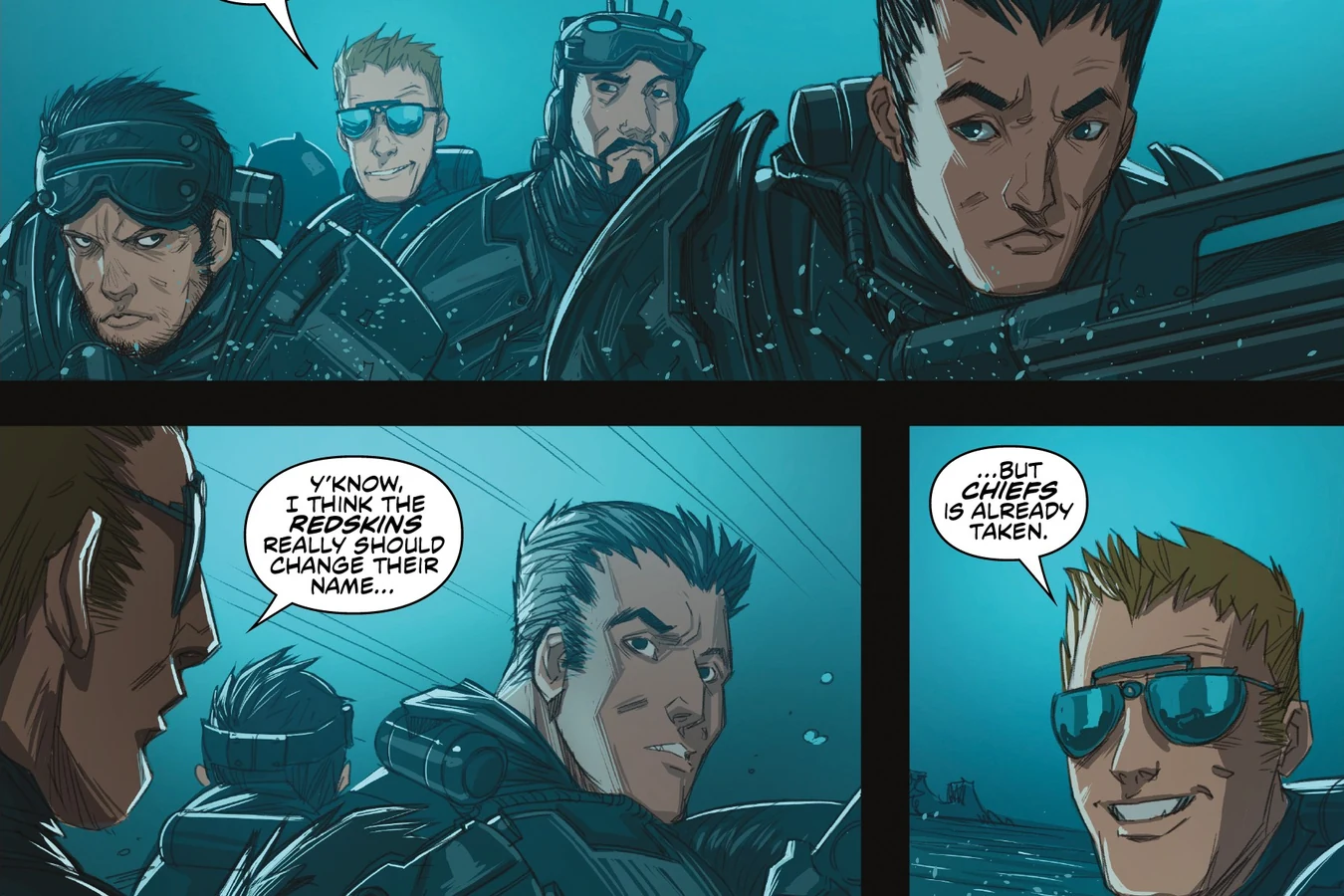 Enoch Nakai rows ashore with the armored strike team toward Kehua in Predator: Hunters