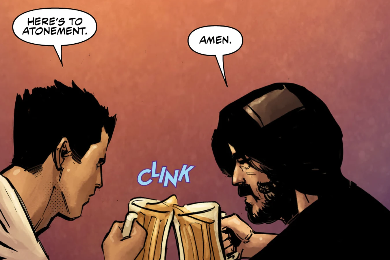 Enoch Nakai clinks beer mugs with Raphael Herrera in a toast to atonement in Predator: Hunters III
