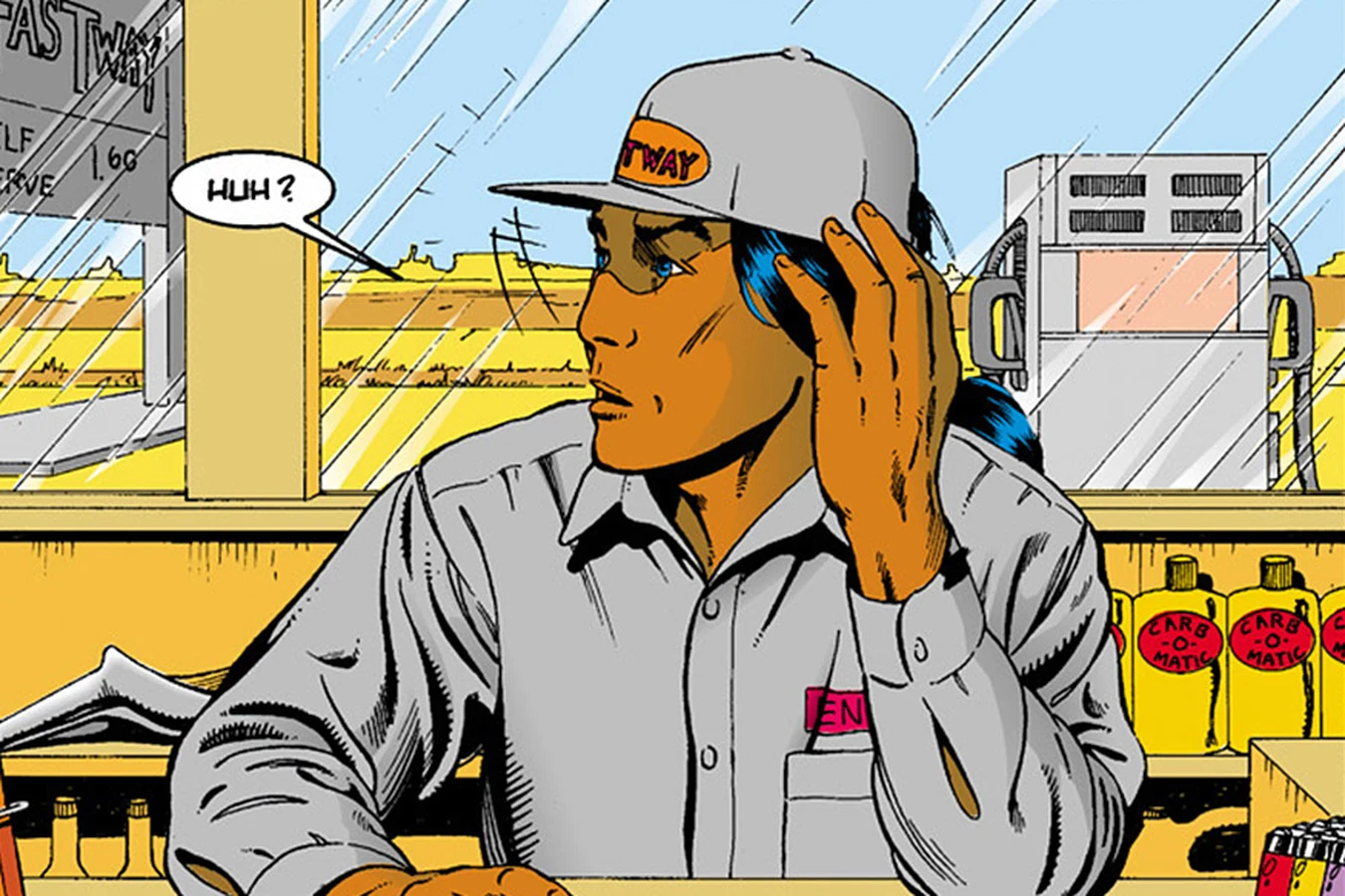 Enoch Nakai works behind the counter of the Fastway gas station in Predator: Blood on Two-Witch Mesa