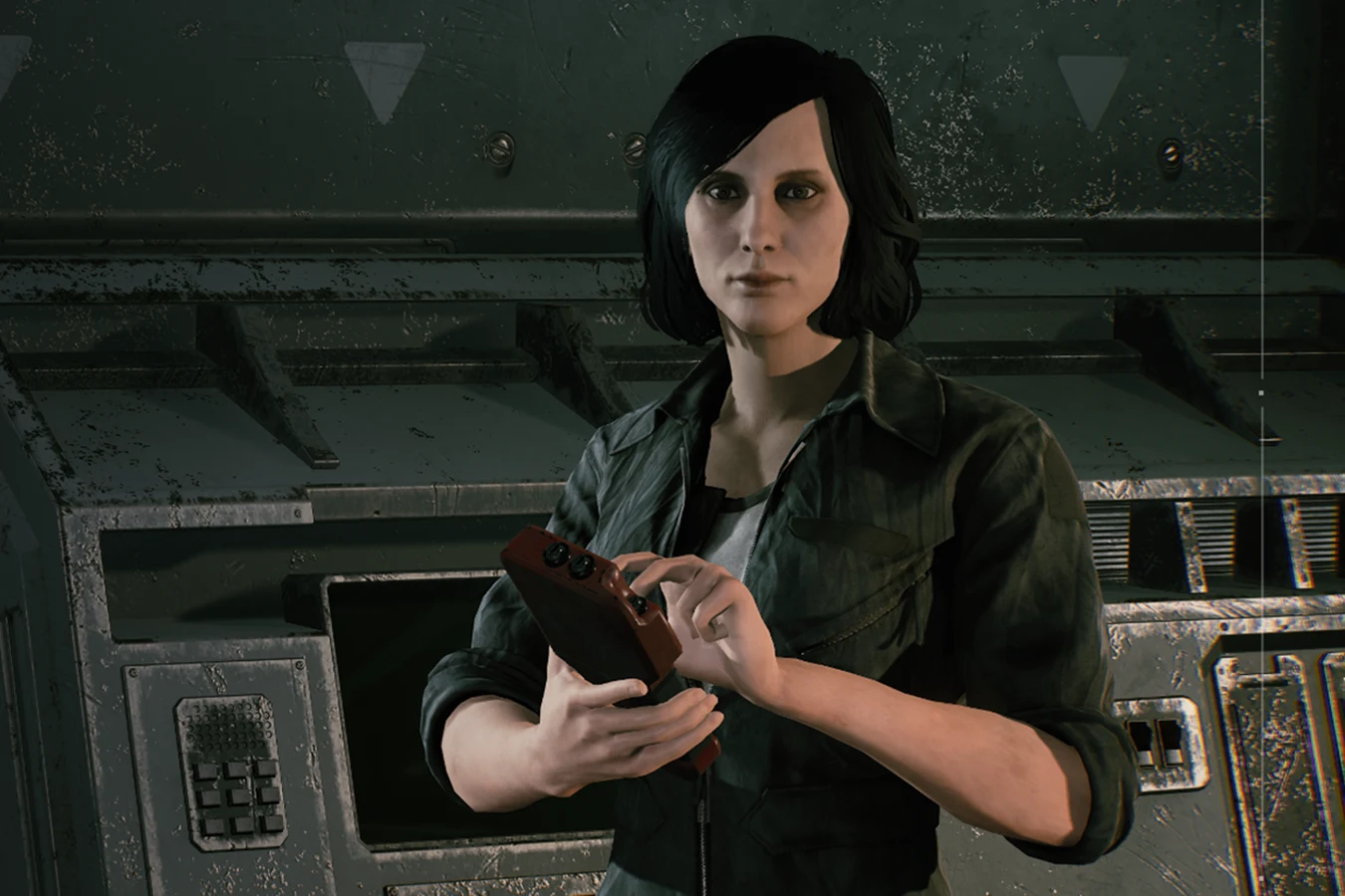 Esther 1089-12/A7 holding a handheld device aboard the UAS Endeavor in Aliens: Fireteam Elite