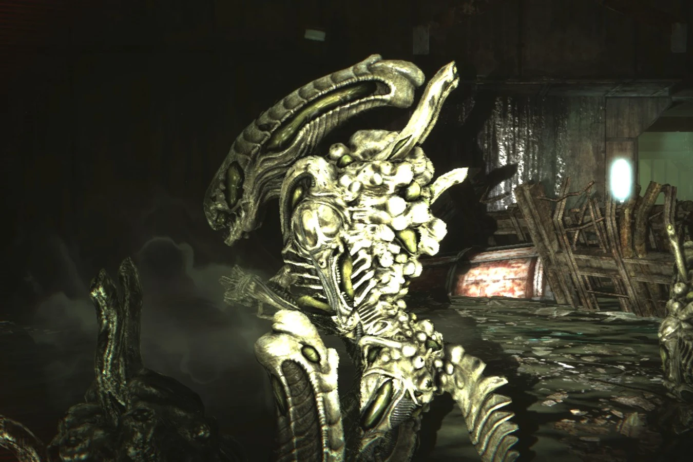 A Boiler Xenomorph from Aliens Colonial Marines covered in pale glowing pustules